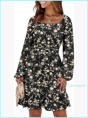 Long Sleeve A-Line Dress with Square Neck and Elastic Waist